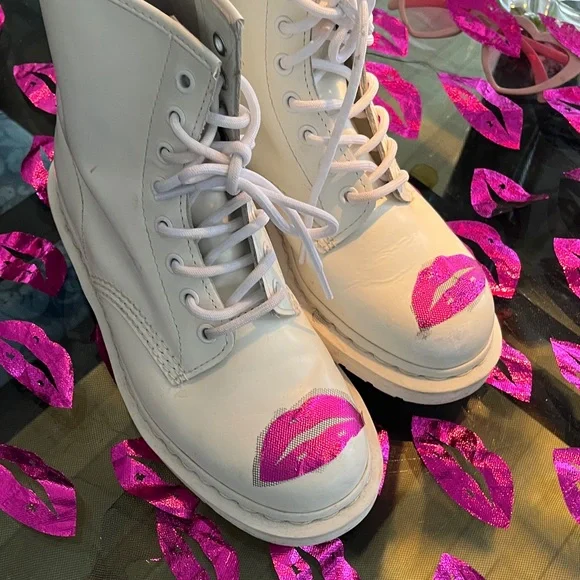 Dr. Martens White and Pink Combat Boots - Picture 1 of 8
